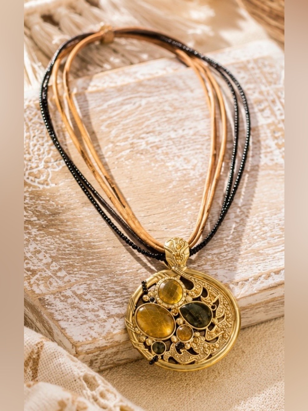 Gold Tone Medallion  Jeweled Pendant Necklace Multi Strand Boho
